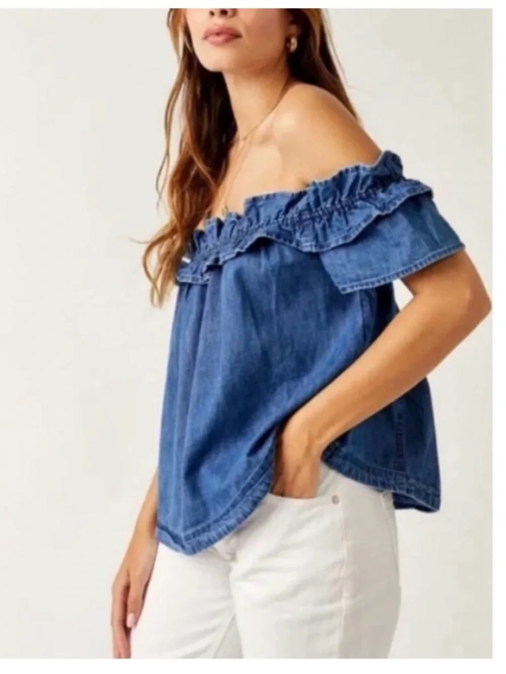 Free People Maxine Denim Off-Shoulder Ruffle Women's Top sz. S